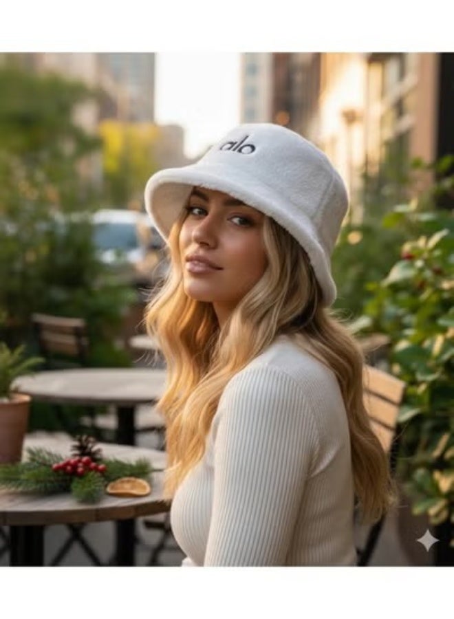 alo Luxury winter fur bucket hat with Alo logo - soft and warm material, stylish unisex design, perfect for winter and everyday outings with a distinctive casual style (white) - Image 3